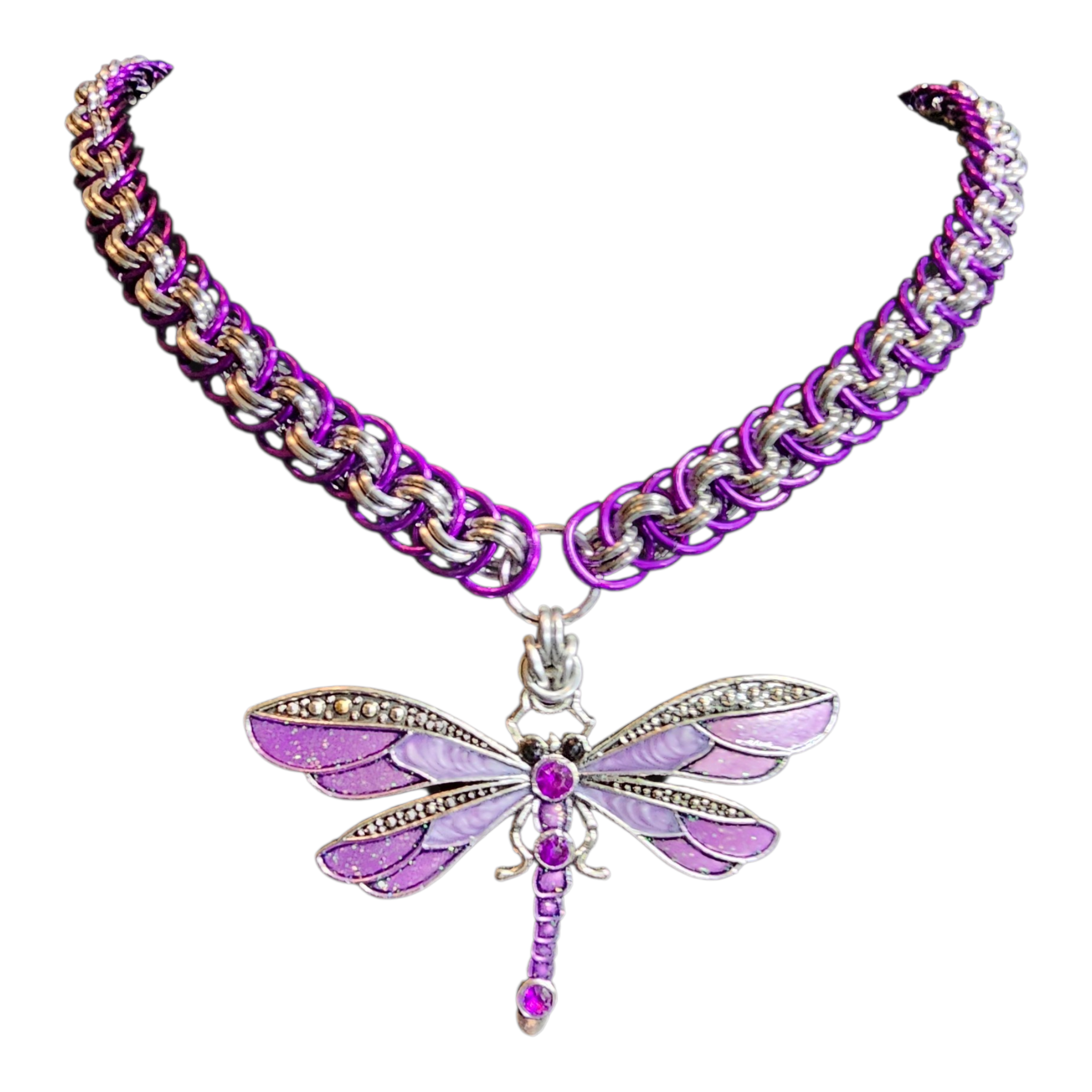 Chainmail Dragonfly Choker — Purple & Silver Viper Basket Weave