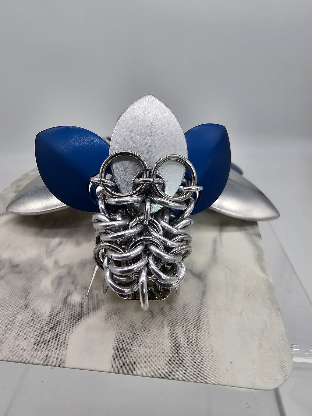 Dragon Barrette | Blue & Silver Chainmail Hair Clip - Gray Cat Manor Designs