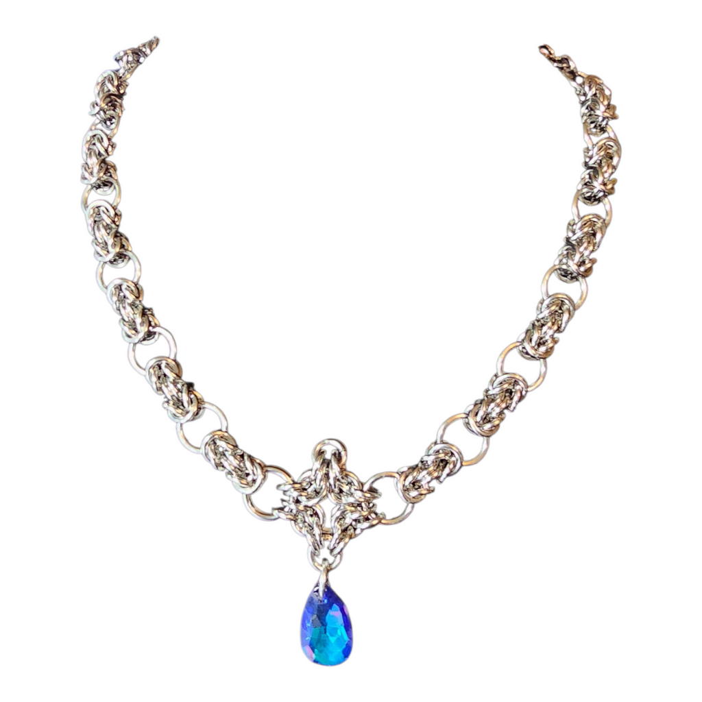 Sapphire Blue Crystal Teardrop Byzantine Chainmail Necklace