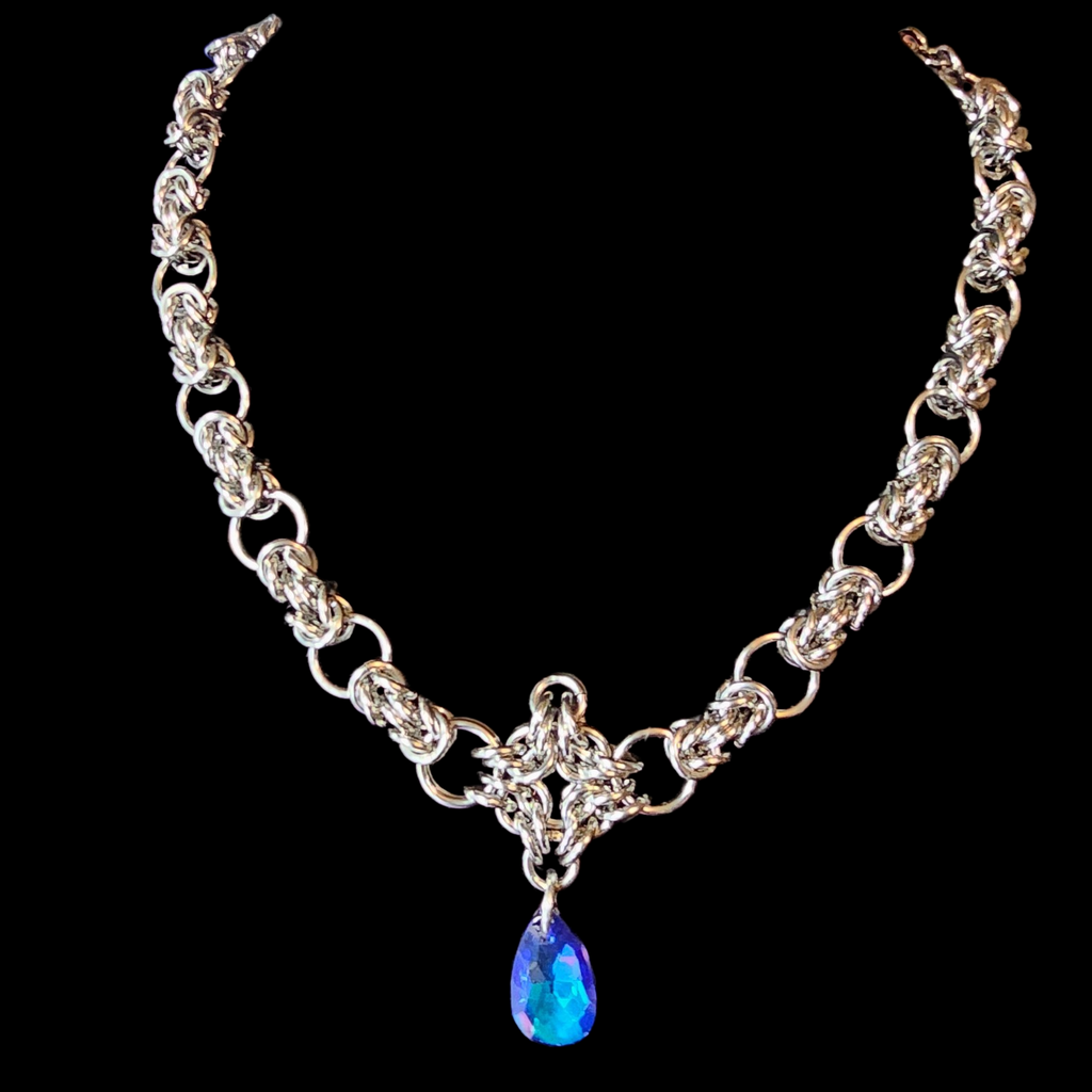 Sapphire Blue Crystal Teardrop Byzantine Chainmail Necklace