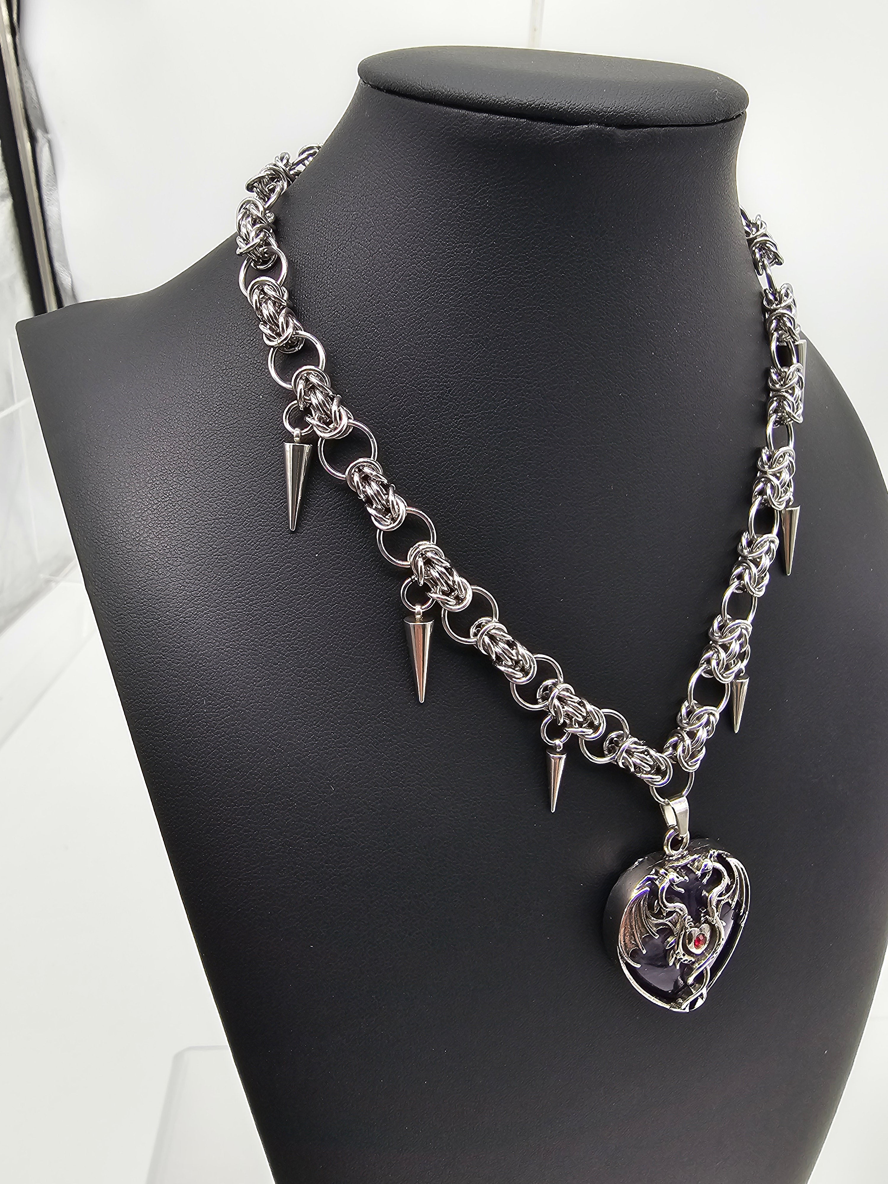 Byzantine Dragon Heart Necklace — Stainless Steel & Amethyst