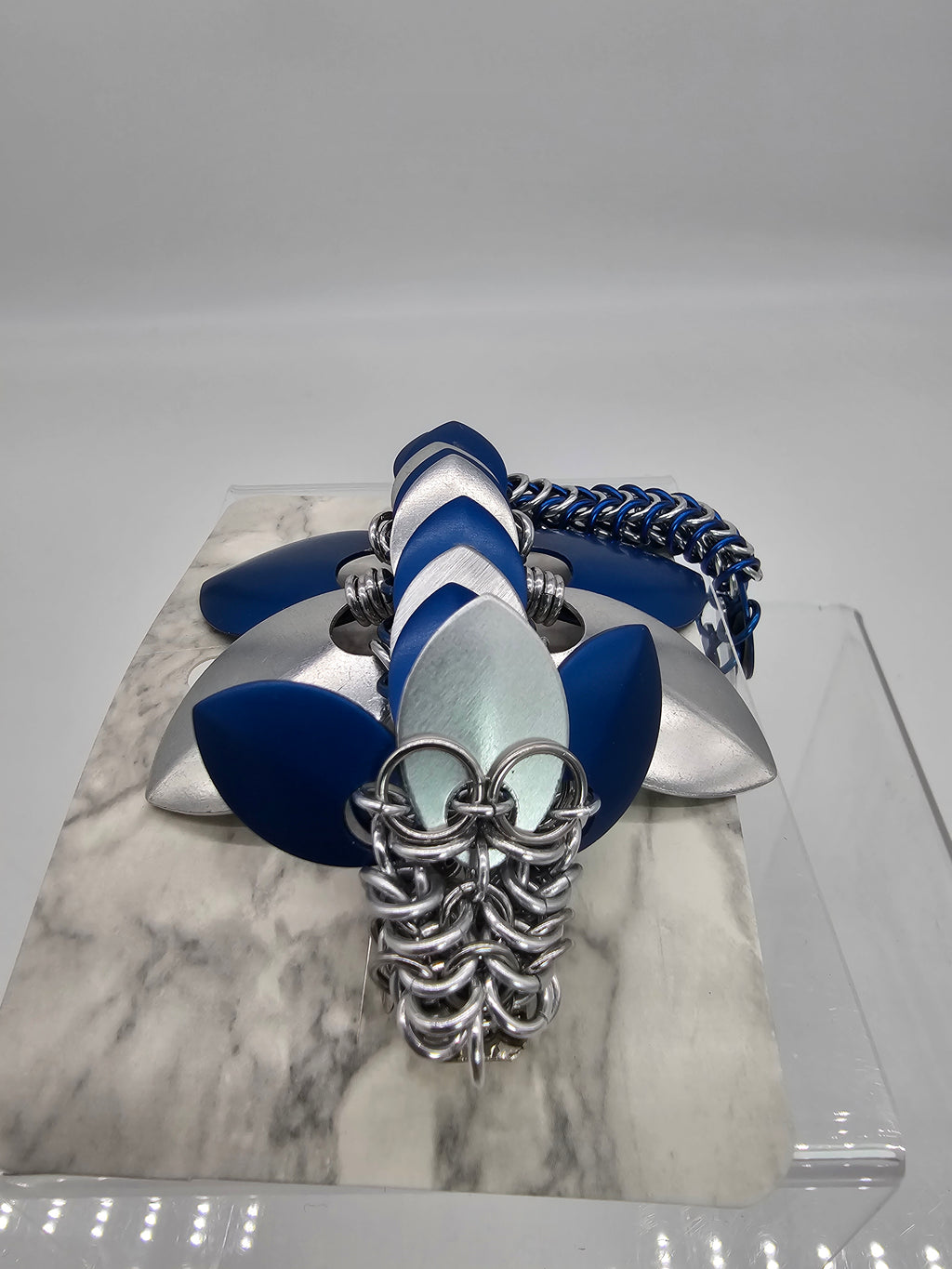 Dragon Barrette | Blue & Silver Chainmail Hair Clip - Gray Cat Manor Designs