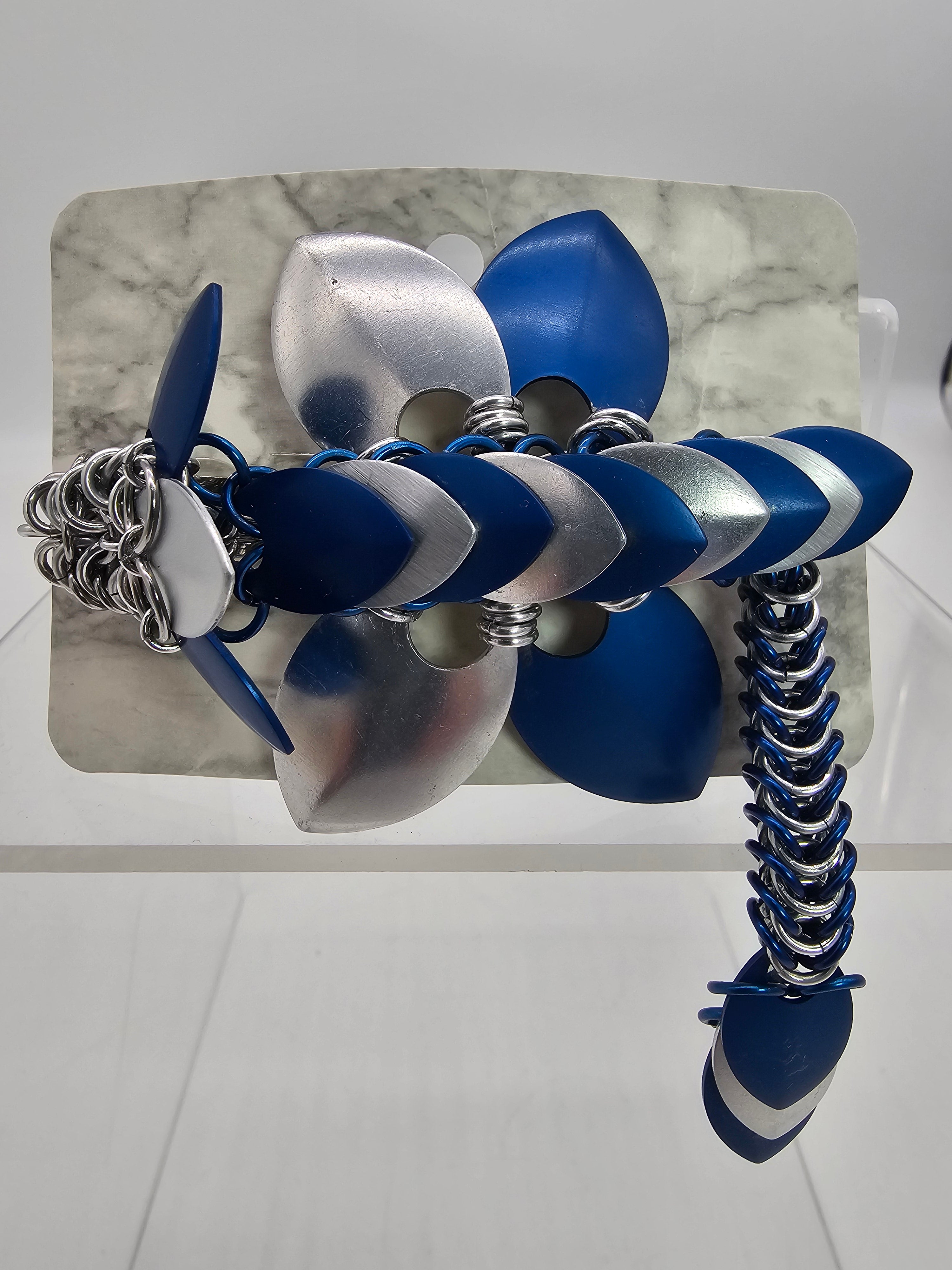 Dragon Barrette | Blue & Silver Chainmail Hair Clip - Gray Cat Manor Designs