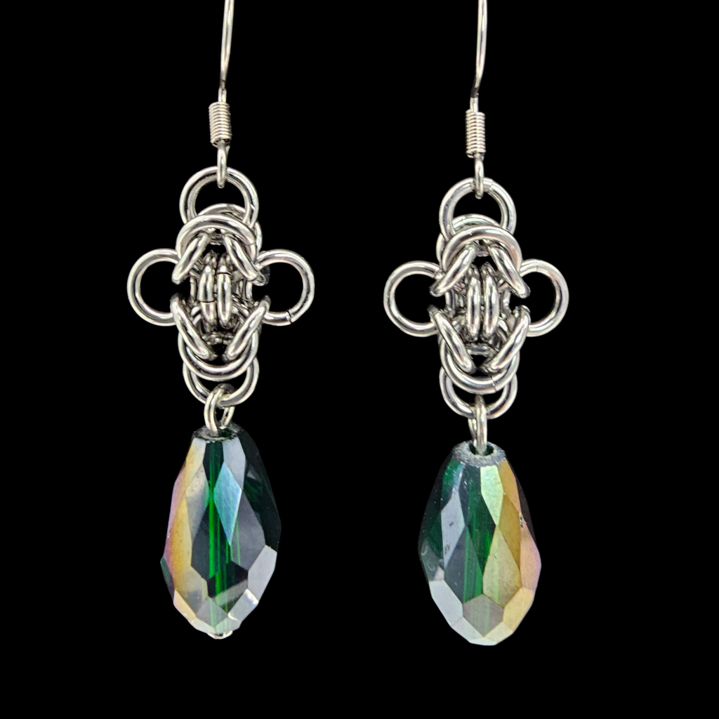 Stainless Steel Byzantine Earrings | Iridescent Green Crystal Drop