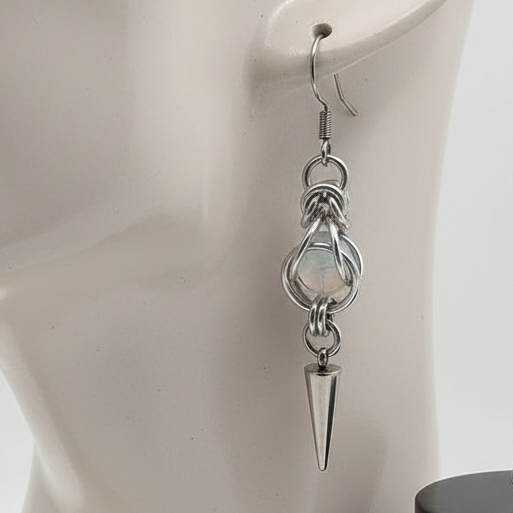 Silver Byzantine Opalite Spike Earrings on Mannequin