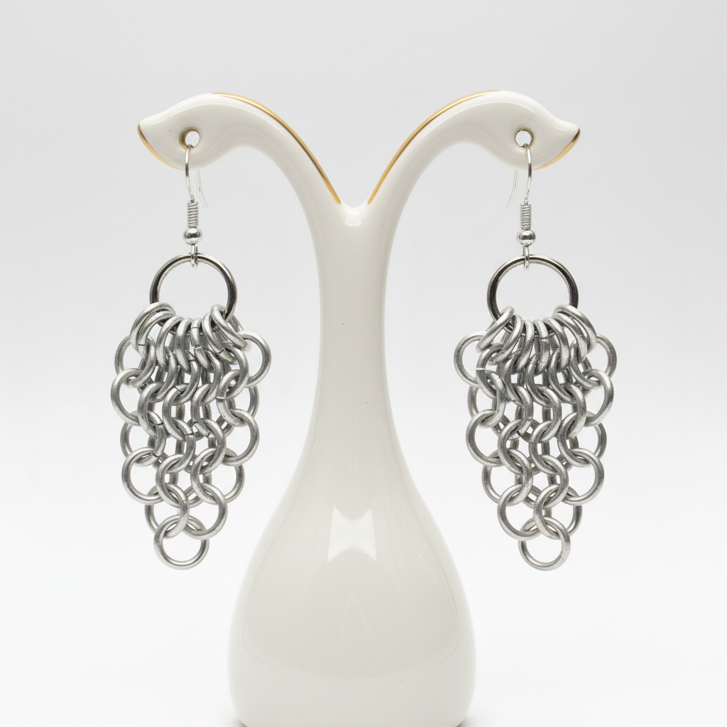 Silver Chainmail Fan Earrings on Display Stand
