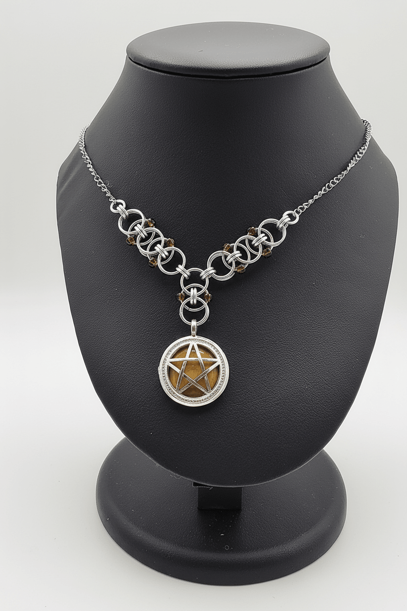 Tiger's Eye Pentacle with Beaded Helm Weave Chainmail Necklace Choker - Gray Cat Manor Designs